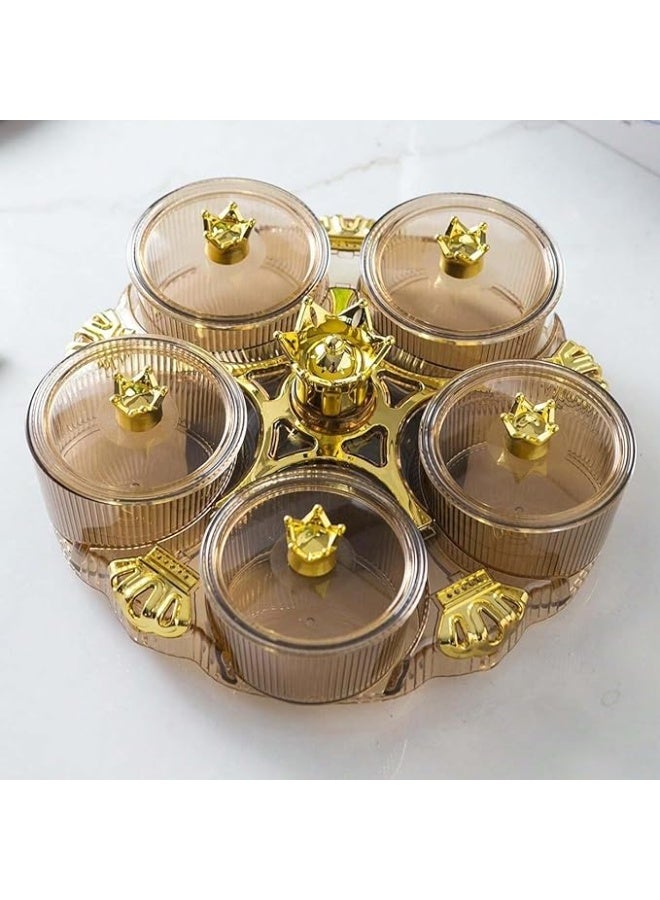 A golden crown-shaped serving dish for snacks and treats, perfect for the living room; a set of 5 deep dishes with lids and a rotating stand. - Image 1